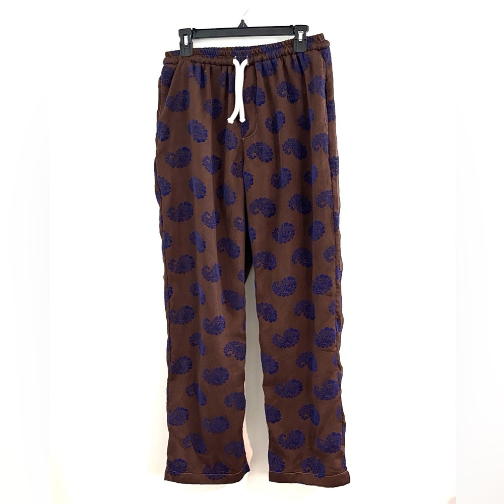 Proper Tone Size L Brown Silky Pants‎ with Raised Blue Floral Pattern